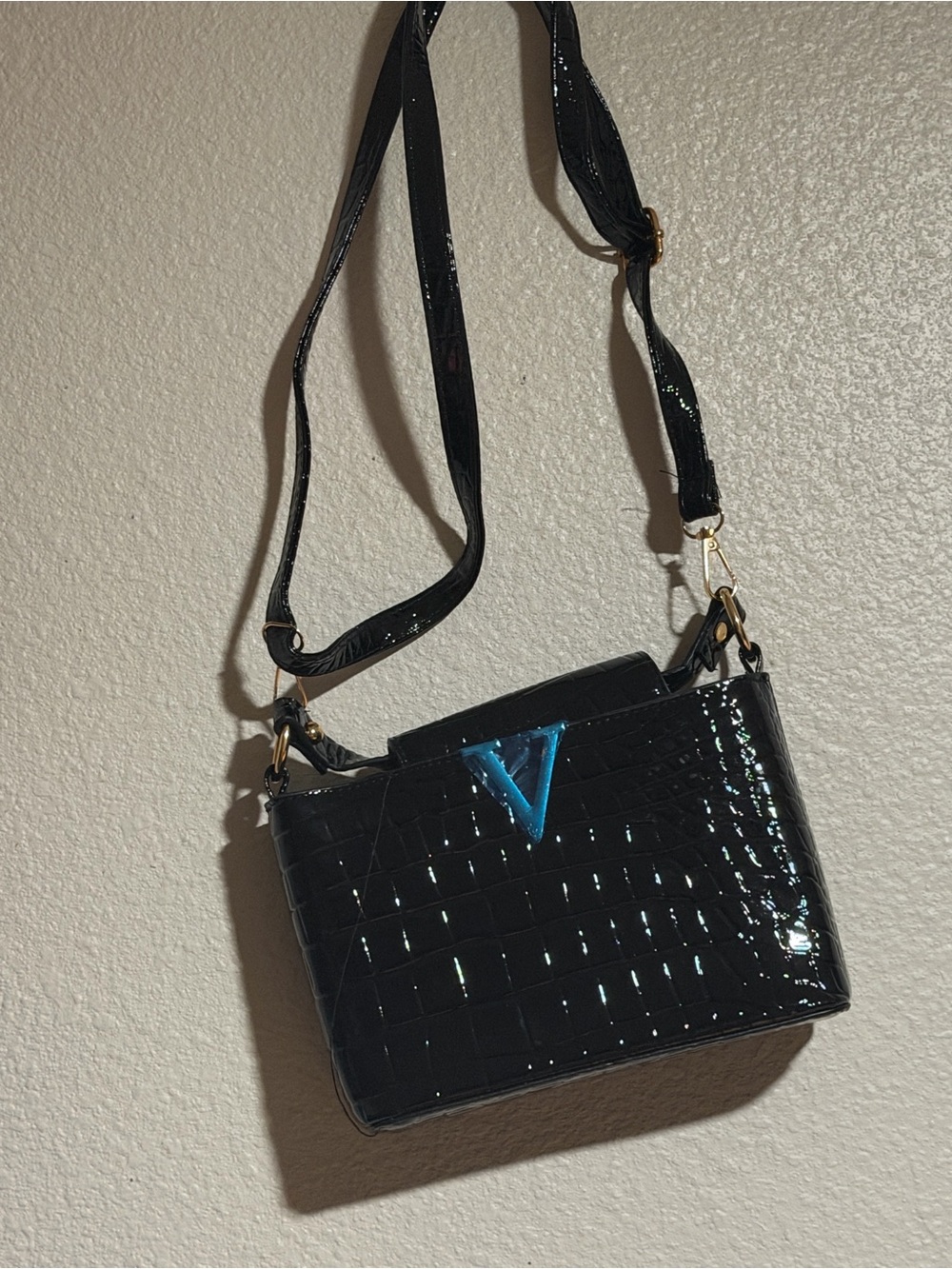 Patent Croc-Embossed Crossbody Bag in Black